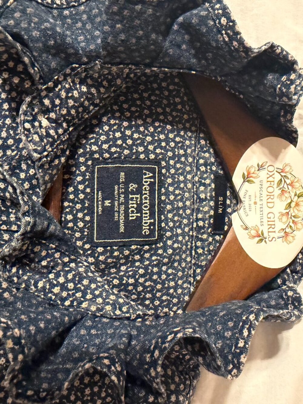 Upcycled Navy floral print A&F button down shirt/ ruffle collar/size M
